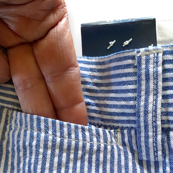 Chaps Seersucker High Waist Blue & White Pinstriped Long Flat Front Shorts - Picture 6 of 10